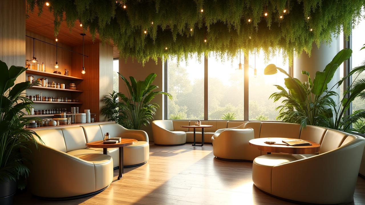 Weitwinkel-Ansicht des Canopy Brews Café mit üppigem Grün und neomorphem Design