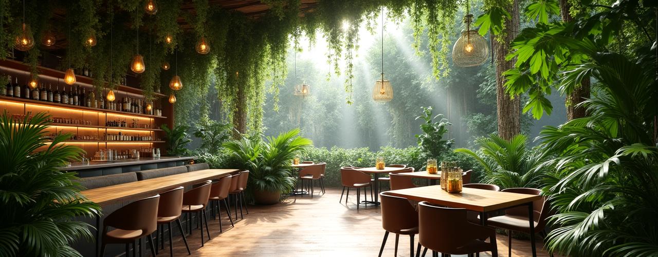 Blick in das üppig bepflanzte Interieur von Canopy Brews