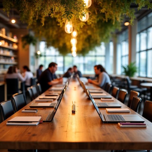 Ein großer Gemeinschaftstisch ideal für Team-Meetings